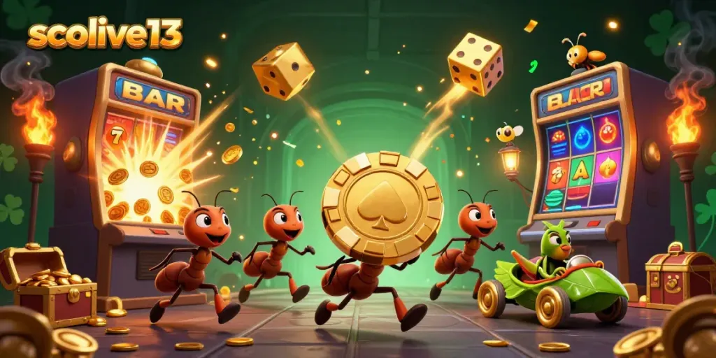 Socolive13 showcases ants in a heist with a golden poker chip, amidst thrilling casino elements.