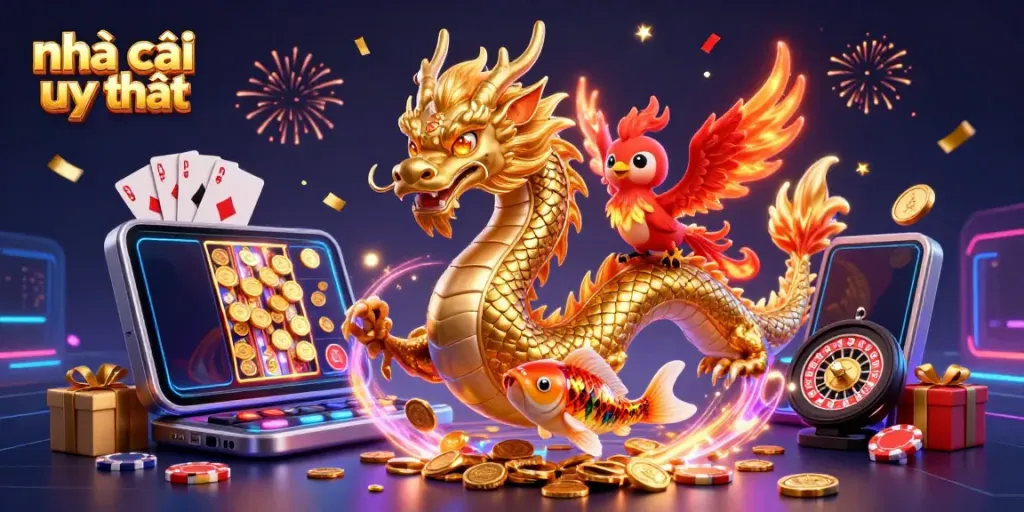 Experience the excitement of nhà cái uy tín with a vibrant 3D dragon and casino elements!