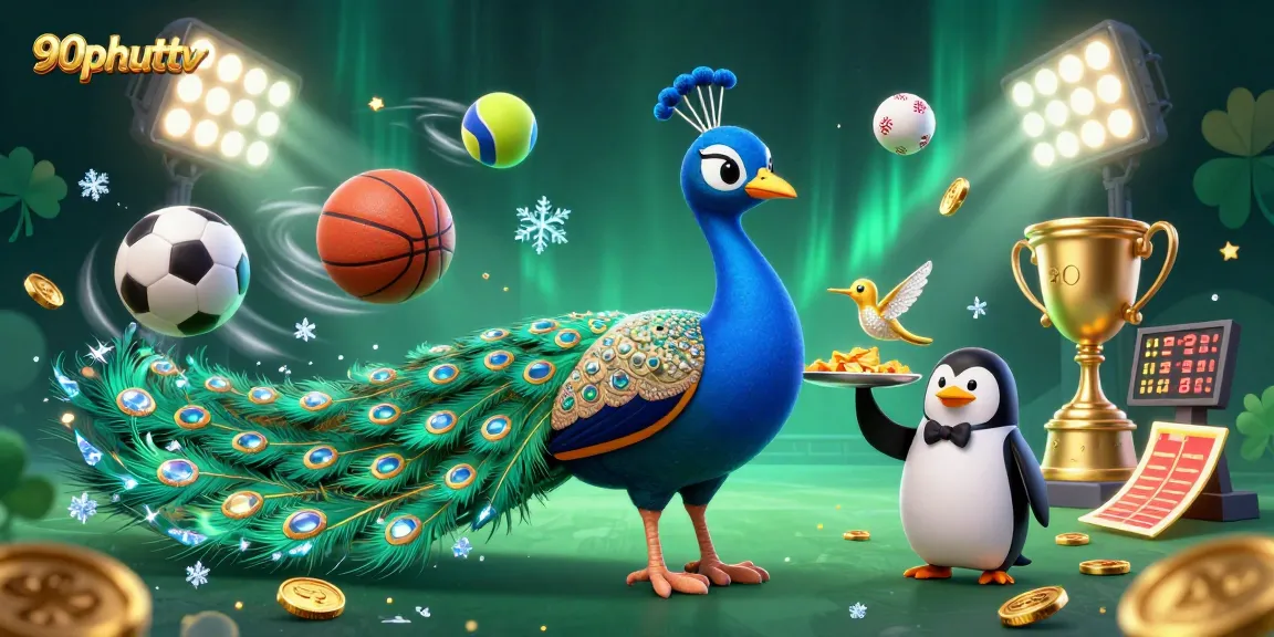 Watch thrilling action on 90phuttv with a cartoon peacock and dynamic sports elements.