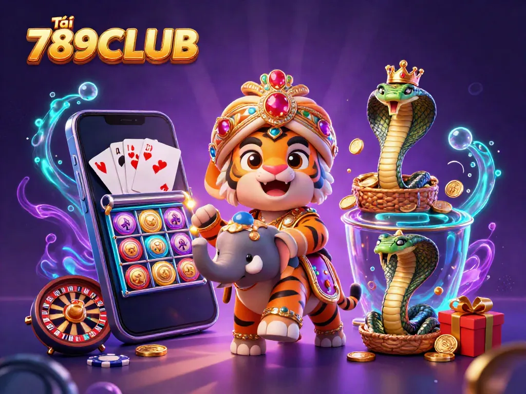 Tải 789CLUB with a 3D tiger maharaja and jewels, set in a vibrant casino world.