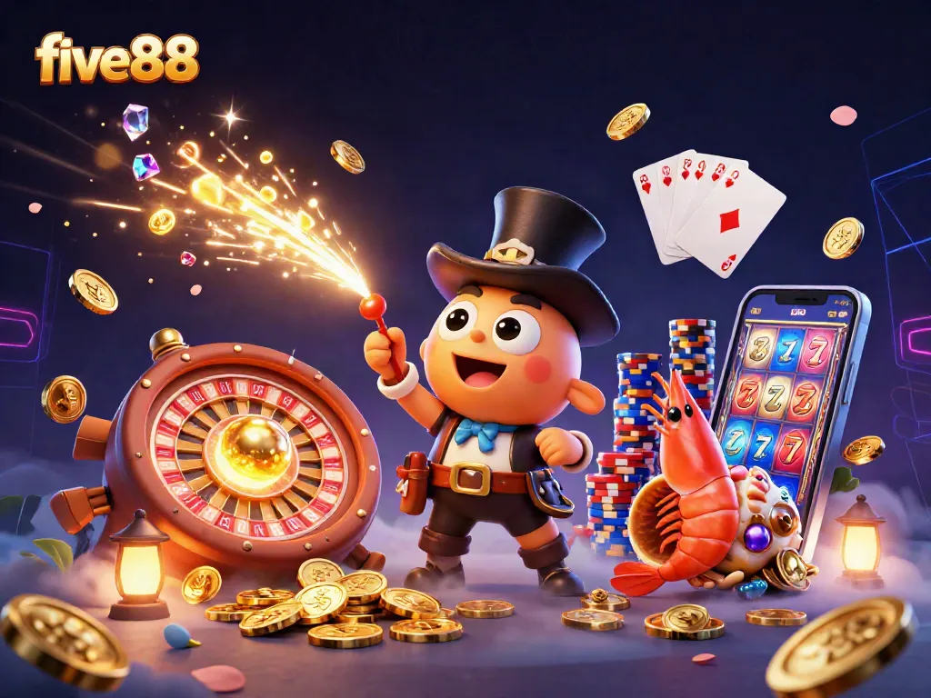 Play at five88 with an immersive casino illustration featuring animated characters and vibrant gaming elements.