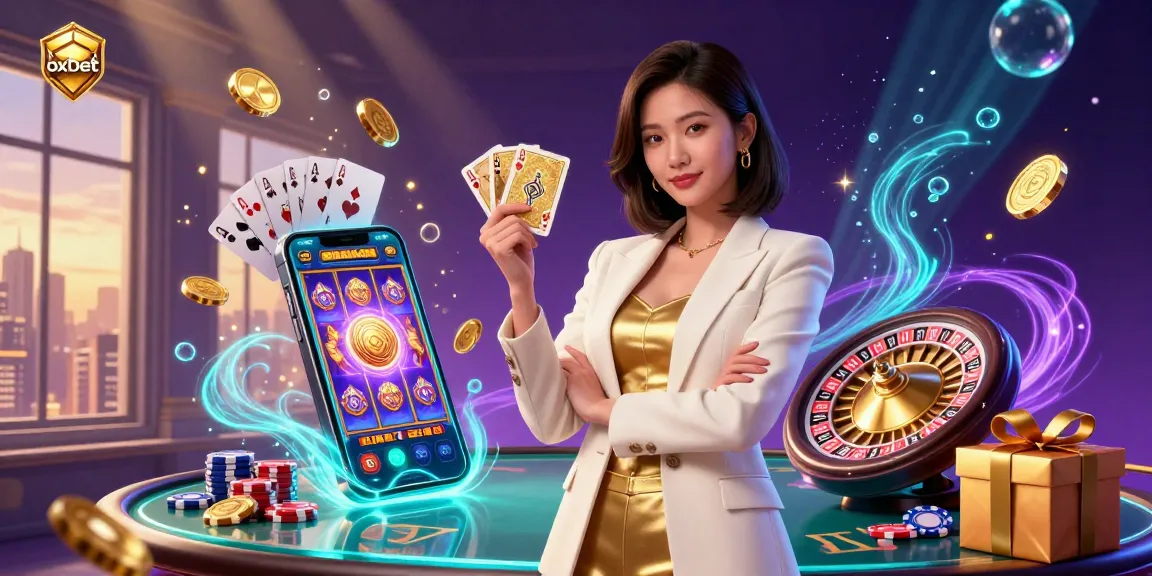 Experience the excitement at OXBET with a glamorous Asian dealer holding cards amidst dynamic gaming elements.