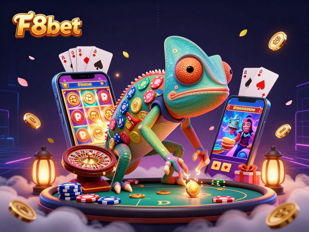 F8bet casino scene featuring a vibrant chameleon owner amidst games, capturing action and excitement.