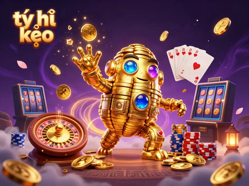 Exciting scene showcasing tỷ lệ kèo with a golden golem amidst animated casino elements
