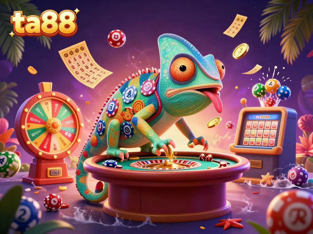 Engage in thrilling gameplay at ta88 with a vibrant 3D chameleon casino scene.