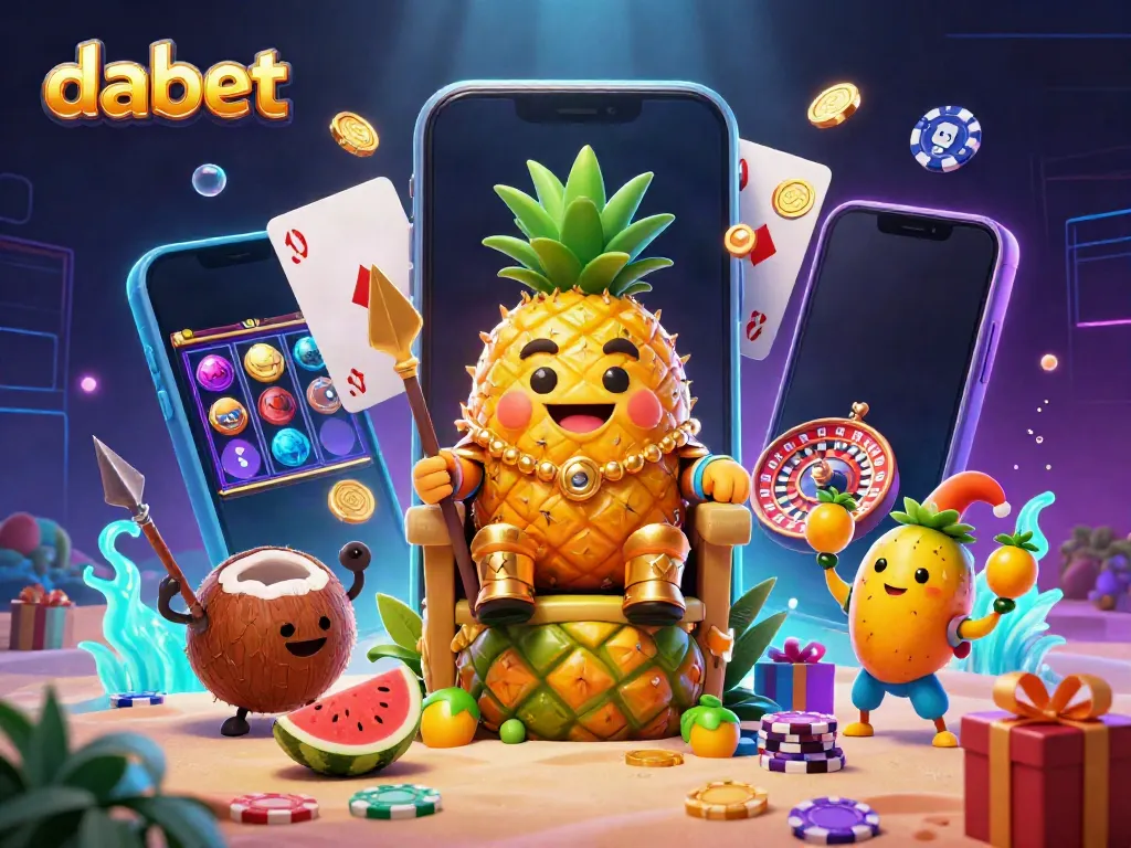 Experience exceptional gaming at dabet with a vibrant 3D illustration of the golden pineapple king and casino elements.