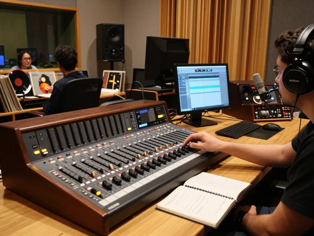 Sound engineer using a TASCAM DA88 digital recorder in a vintage studio setting, showcasing creative audio production.