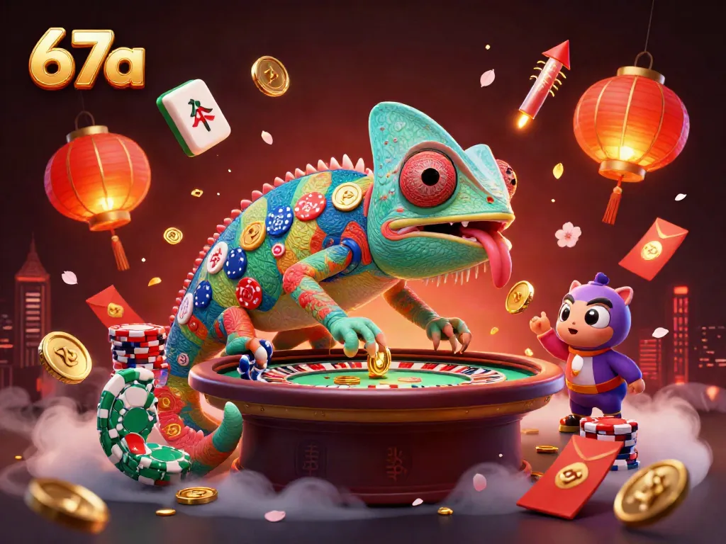 Experience 67a's vibrant casino world with a chameleon owner amid festive gaming elements.