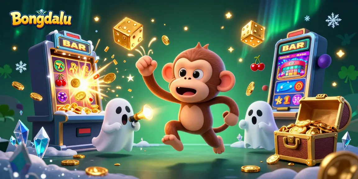 Bongdalu showcases a lively casino scene with a playful ghost-hunting puppy tracking a mischievous monkey juggling golden gambling items.
