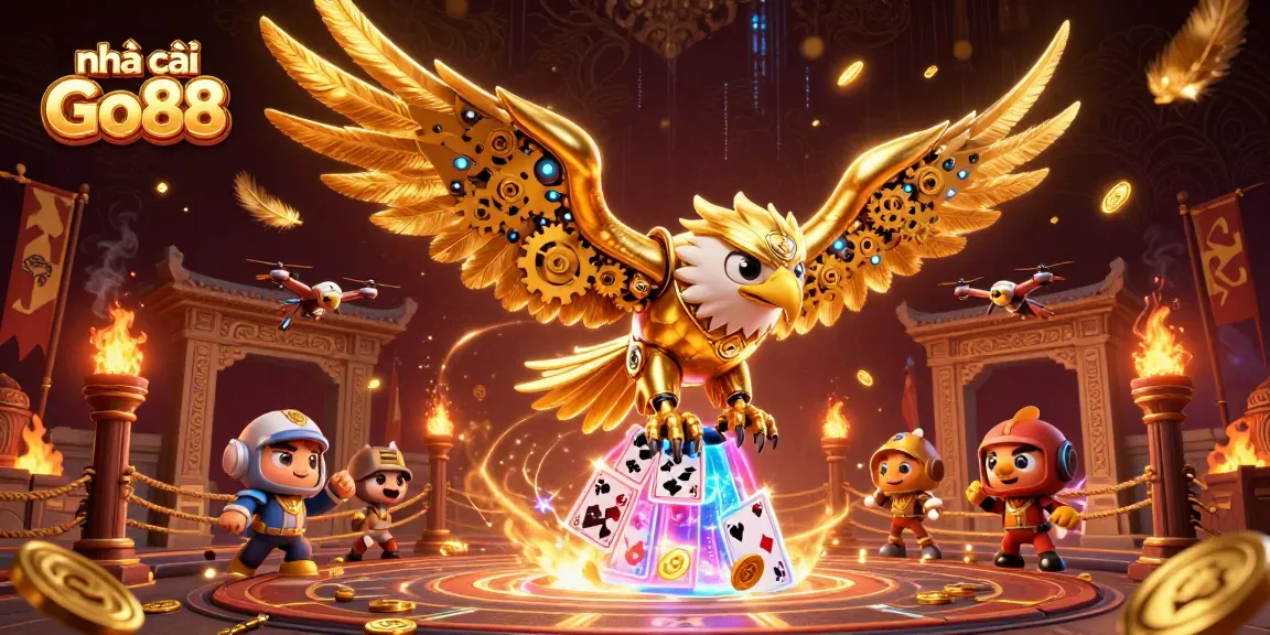 Engage with nhà cái Go88 by diving into an electrifying 3D casino scene featuring a golden eagle amidst glowing playing cards.