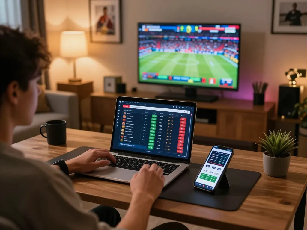 Person placing bets on J188 with laptop showing live sports odds and smartphone in hand.