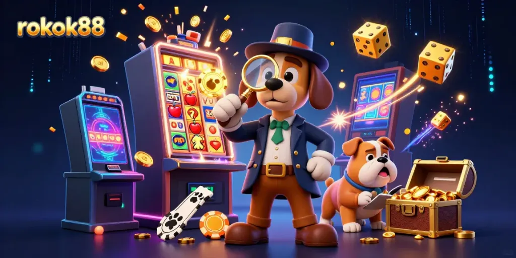 Engage with rokok88's thrilling casino adventure featuring characters uncovering treasure amid vibrant slot machine excitement.