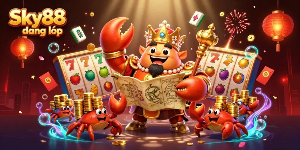 Experience Sky88 đăng nhập with a vibrant scene of a golden crab emperor amidst dynamic casino elements.