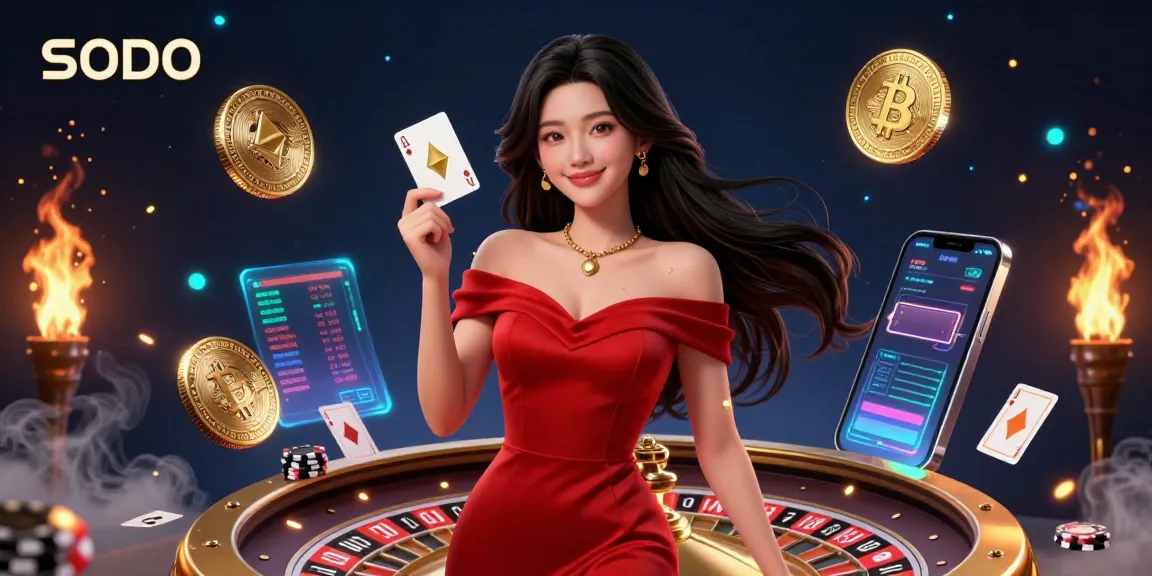 SODO engaging in thrilling casino action with a stunning woman holding a playing card by a golden roulette wheel.