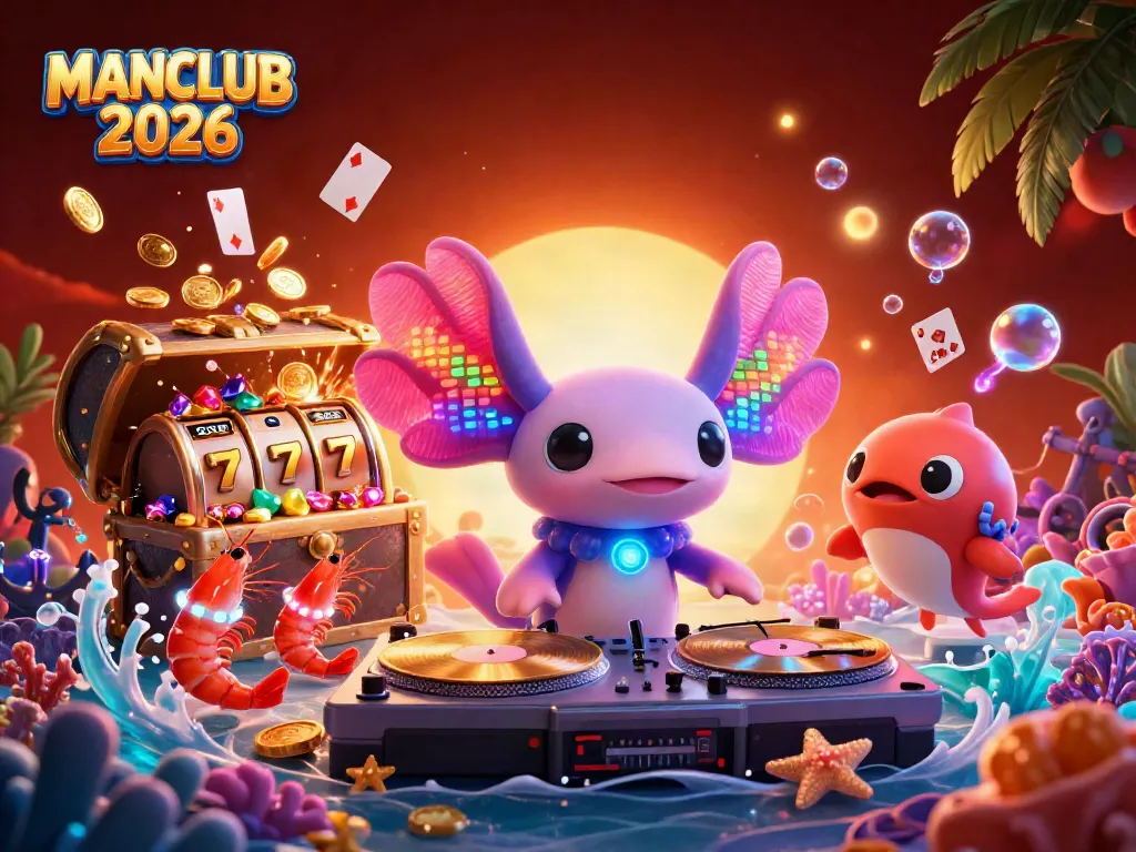 MANCLUB 2026 showcases a vibrant casino scene with a neon axolotl DJ, dancing shrimp, and golden slot reels.