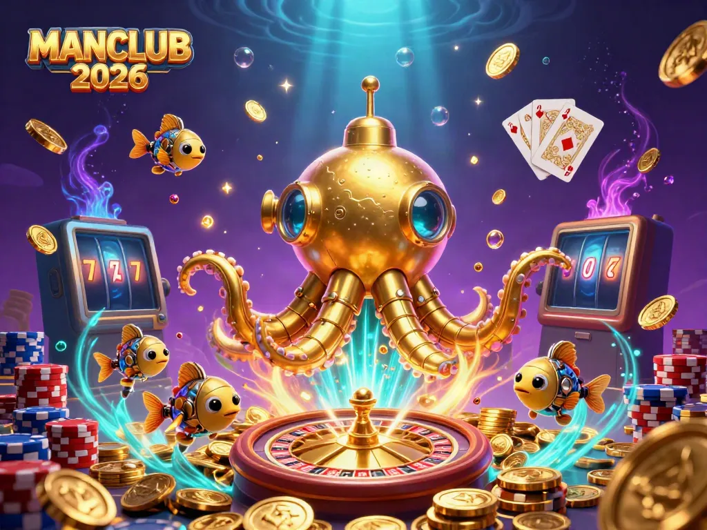 Experience thrilling gameplay at MANCLUB 2026, featuring vibrant golden kraken and dynamic casino elements.