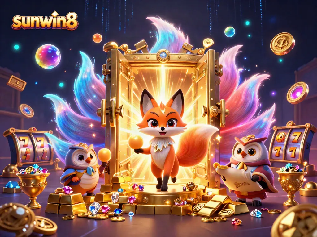 Engage with sunwin8's vibrant casino universe featuring a colorful fox spirit, wise owl, and riches.
