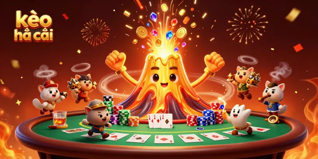 Engage in exhilarating kèo nhà cái action with a vibrant scene of a triumphant golden volcano unleashing treasure amidst a poker showdown.