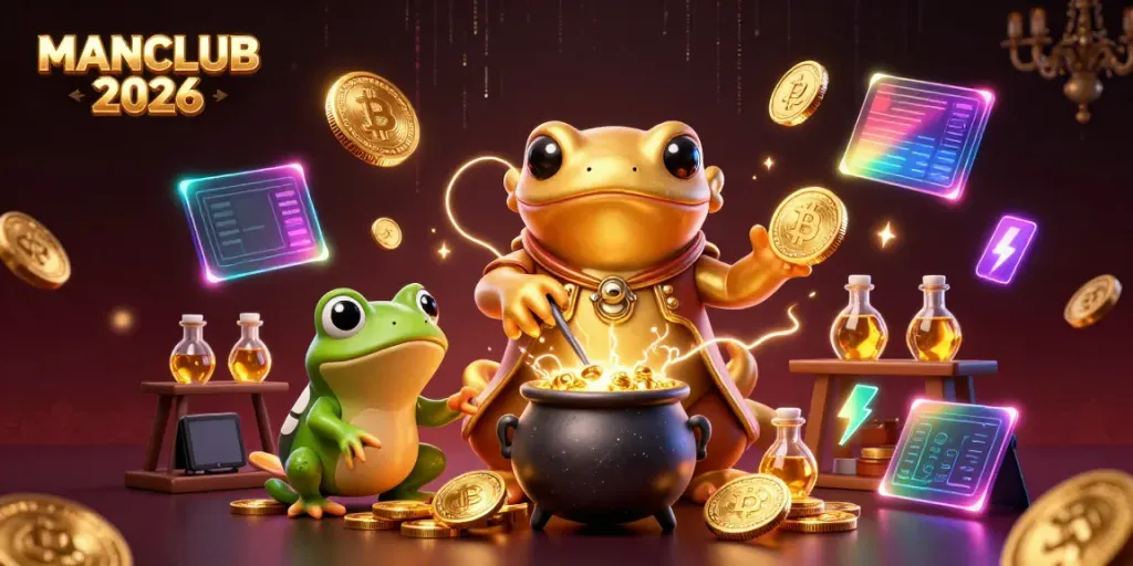 Experience winning opportunities at MANCLUB 2026 with captivating game visuals including golden characters and crypto elements.