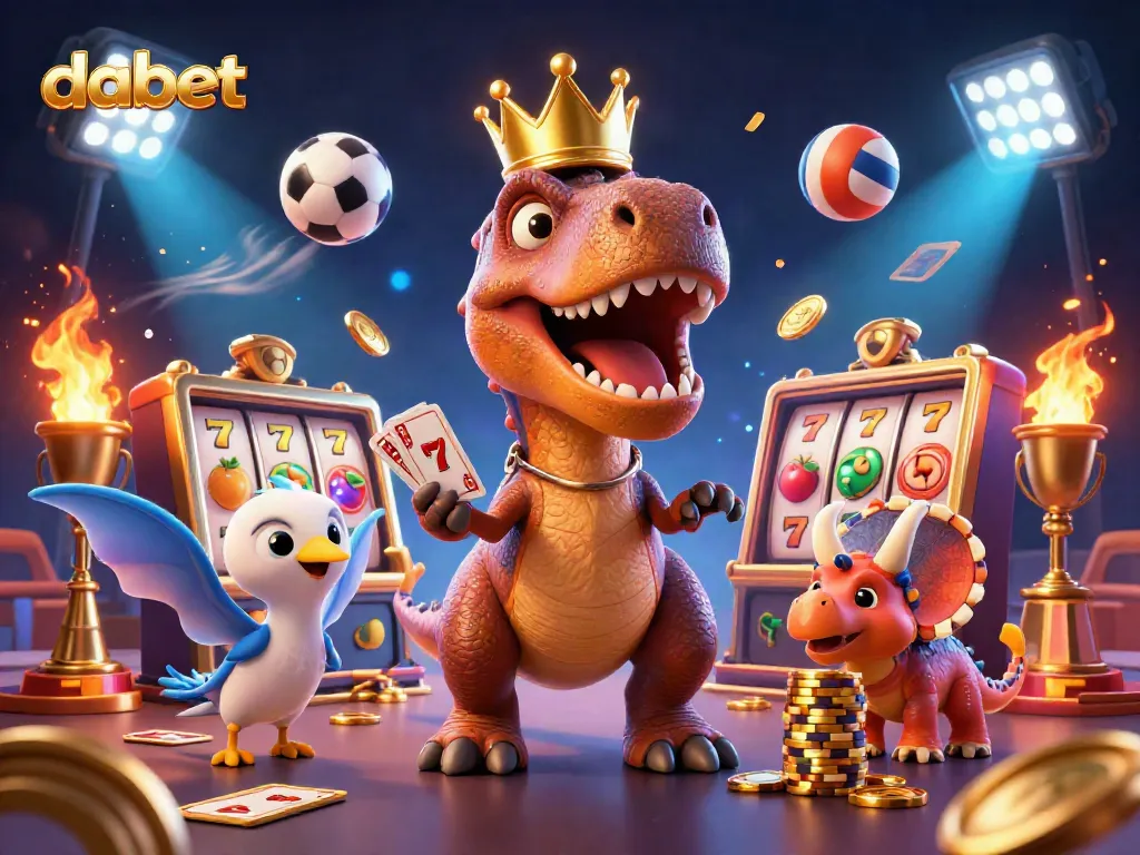 Dabet's vibrant gaming scene with a cheerful dinosaur and friends showcasing fun card games and slots.