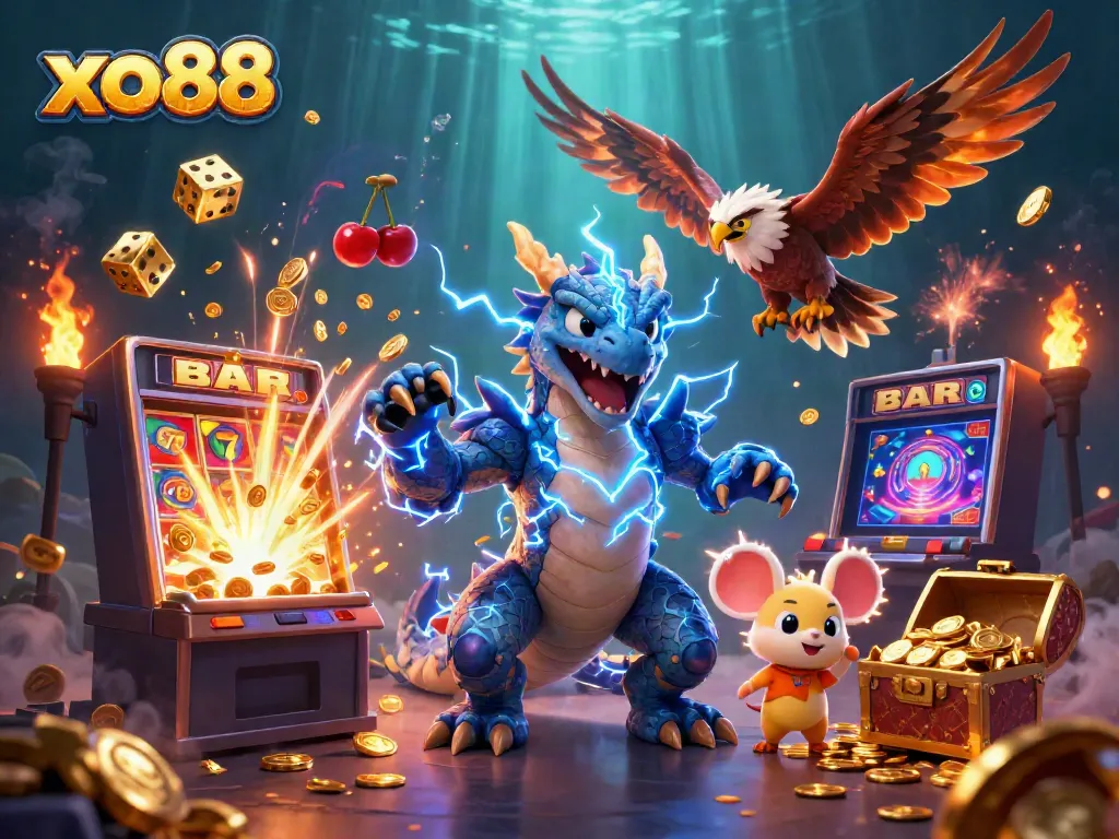 Engage in exhilarating gaming action at xo88 with vibrant 3D characters and a jackpot slot machine.