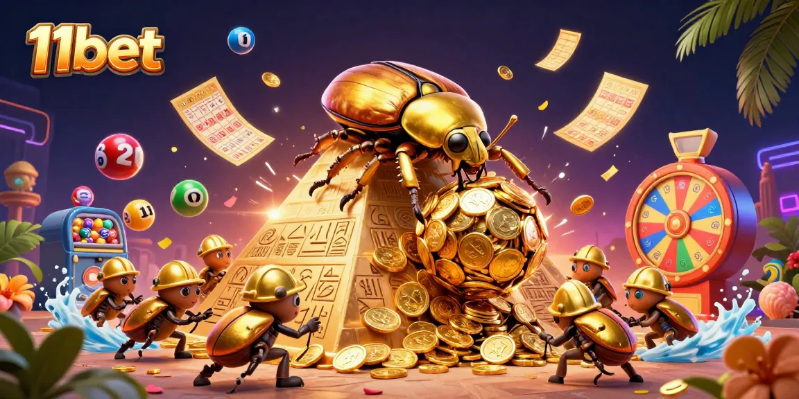 Join the excitement at 11bet with a vibrant 3D scene of a lucky beetle rolling coins and lottery elements.