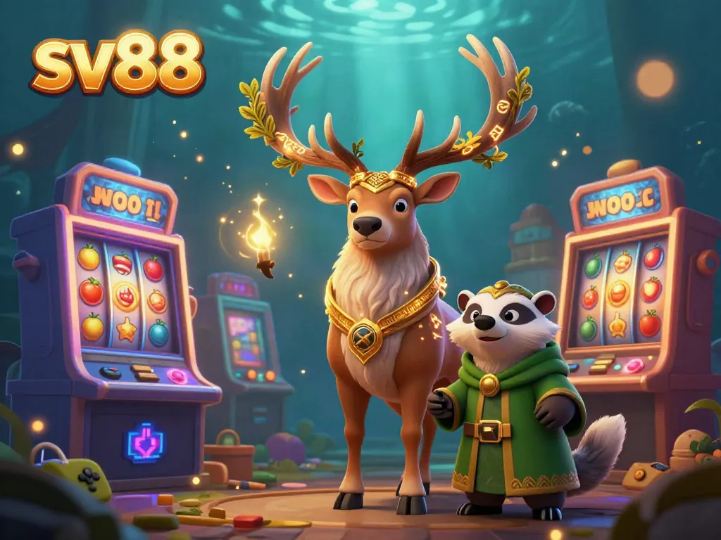 Experience the thrilling adventures at sv88's vibrant gaming scene with lively characters and colorful slot elements.