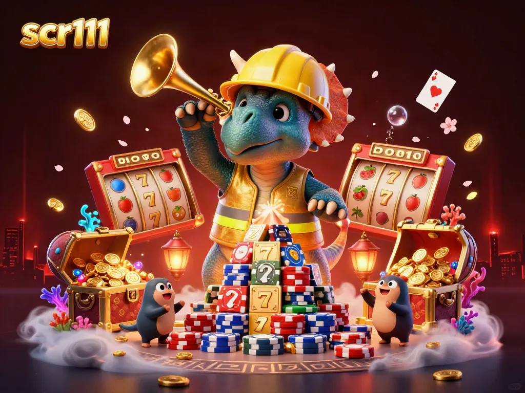 Build your winning stack at scr111 with a vibrant, celebratory casino-themed illustration.