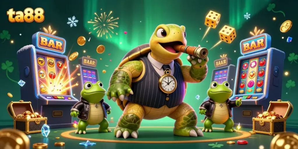 Experience thrilling jackpots at ta88 with cartoon turtle mobsters and casino lights.