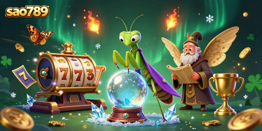 Engage with sao789's immersive online casino experience through a magical illustration of a fortune teller and librarian guiding players.