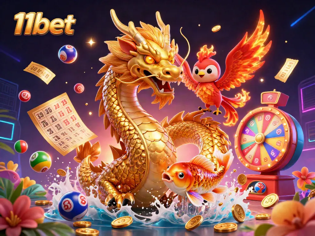 Engage with 11bet's vibrant gaming scene, showcasing a dragon, phoenix, and koi amidst dynamic lottery elements.