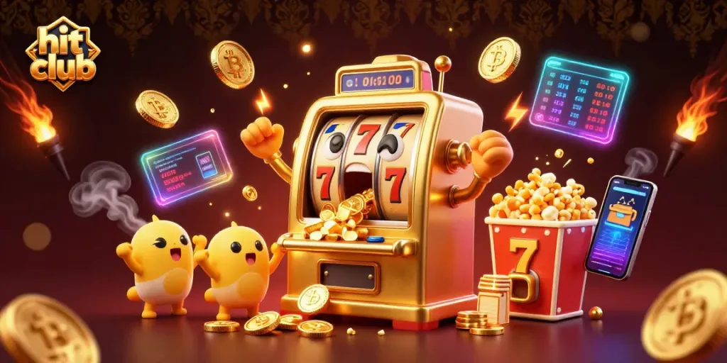 Hit Club's golden slot machine celebrates its jackpot triumph, amidst vibrant casino elements.