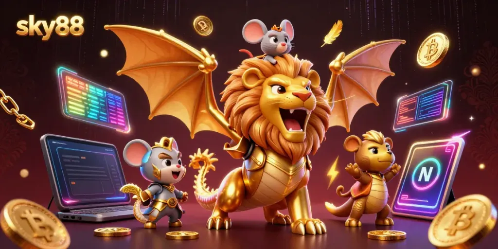 Engage in thrilling victory at sky88 casino with a chimera creature and golden elements.