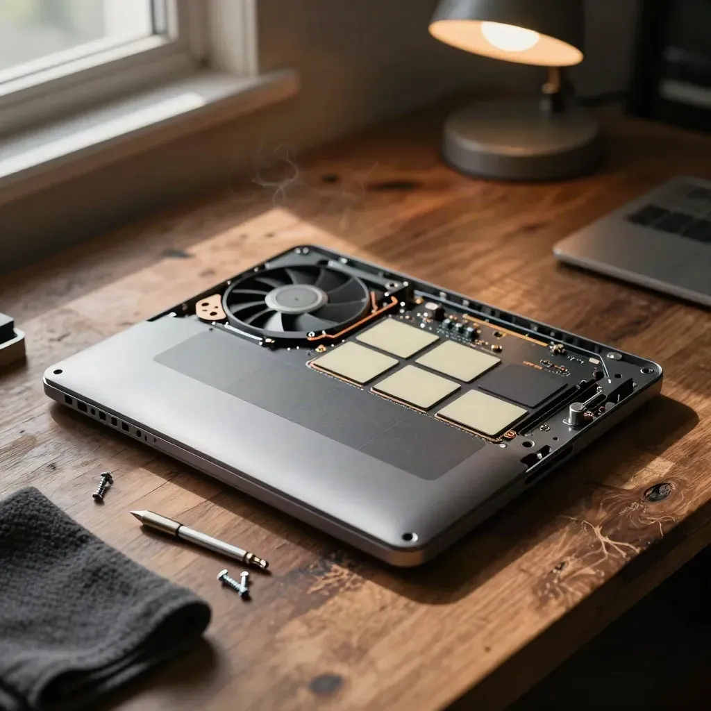 Açık MacBook alt kasası, fan ve pil hücreleriyle tamir kontrolünde.