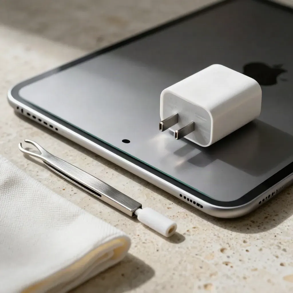 Traverten üzerinde temiz iPad camı, şarj adaptörü, bez ve bakım kiti