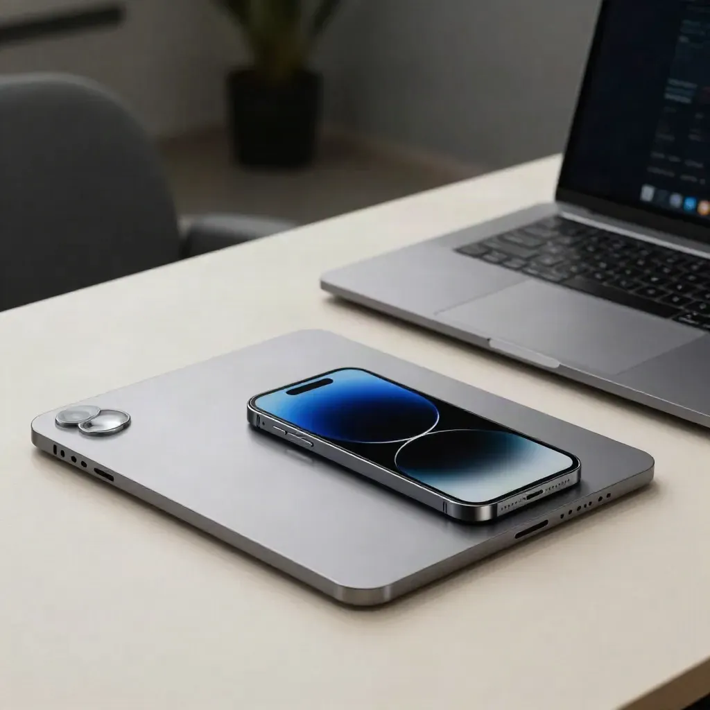 Diyagonal dizilmiş Apple servis tezgâhı; iPhone gövdesi, MacBook kasası ve iPad camı ışıkta.