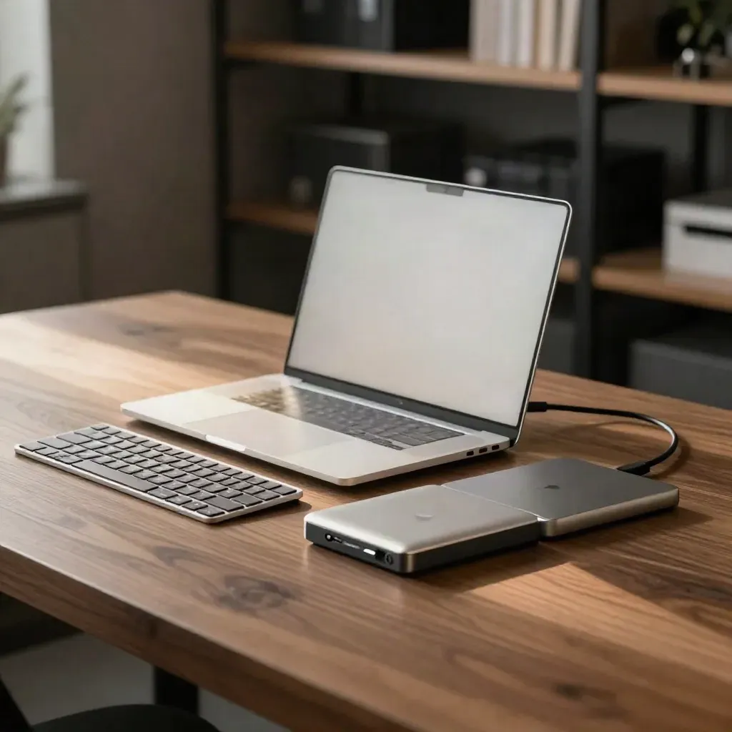 Kapalı MacBook, SSD ve klavye ile yeni macOS kurulum alanı.