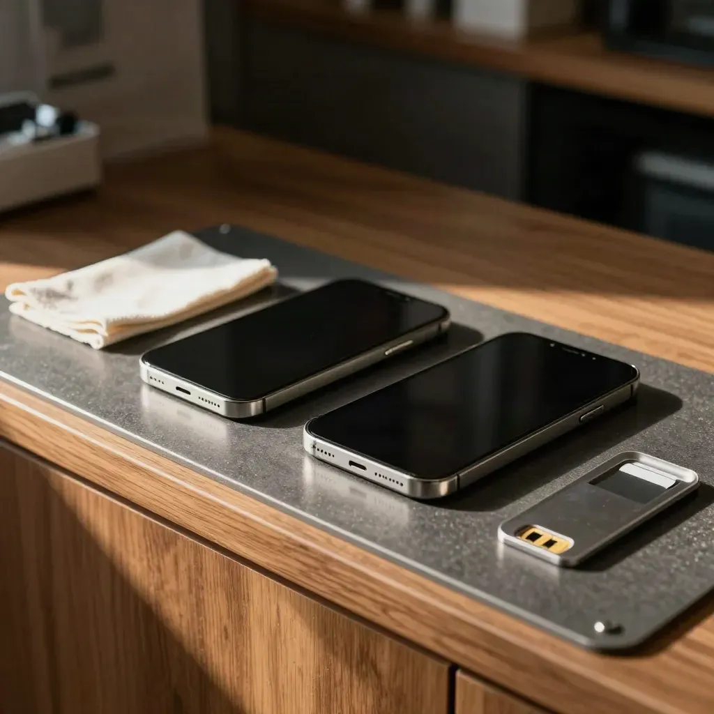 Servis rafında yan yana duran iki yenilenmiş iPhone, sıcak ışıkta teslimata hazır.