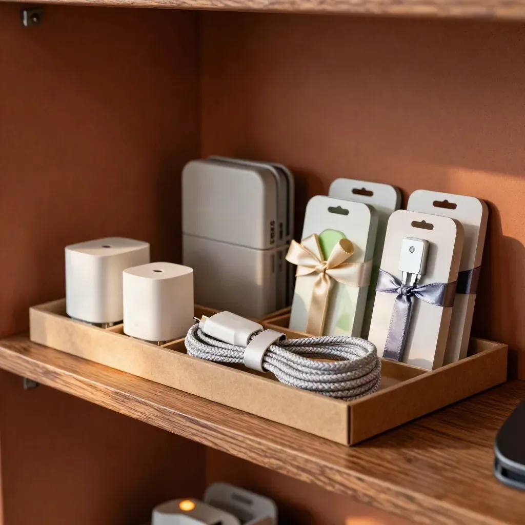 Sıcak ışıkta raf üzerinde örgülü kablolar, adaptörler, kılıflar ve şarj paketleri.