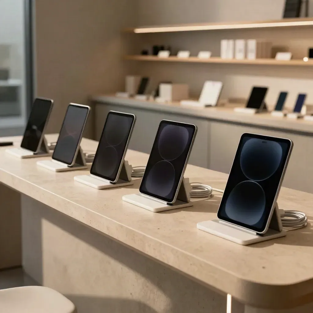 Beş iPad teslim masasında hizalı, arkada şarj blokları ve kablolar; sinematik ışıklı servis alanı.
