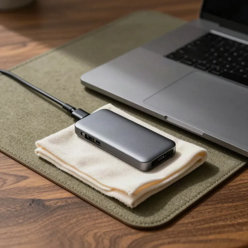 Kapalı MacBook, SSD, USB-C hub ve mikrofiber bez; kurulum için düzenli yakın plan.