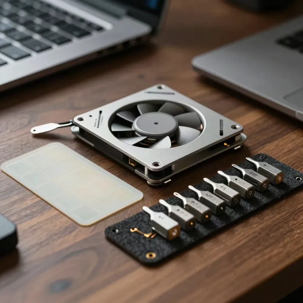 Koyu keçede fan modülü, termal pad sayfası ve MacBook bit uçları, dramatik ışıkta.