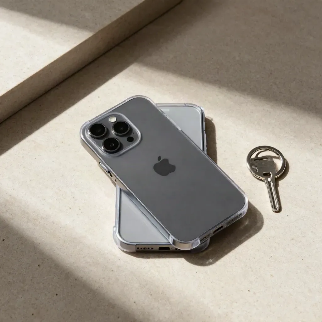 Koruyucu kılıfta kapalı iPhone, servis kutusu ve anahtar halkası üstten düz dizilmiş.