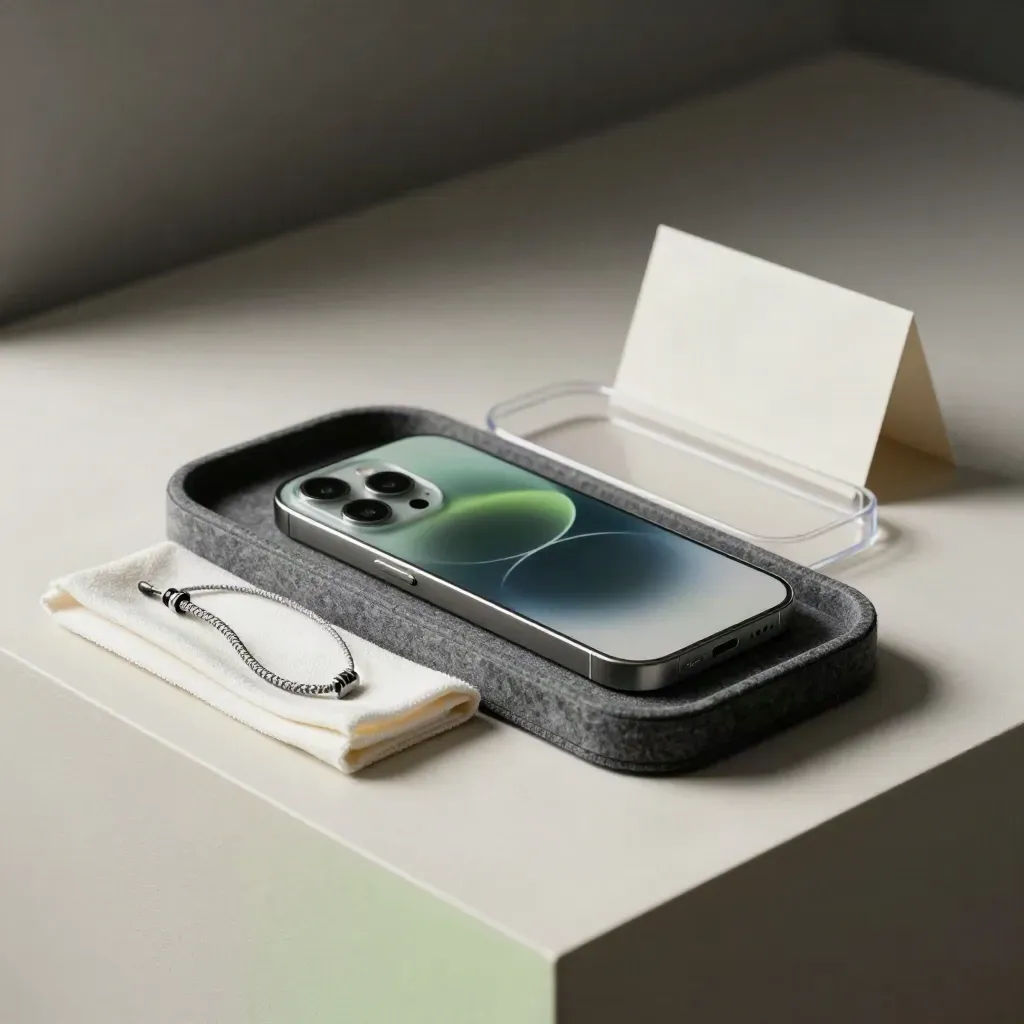 Keçe tepside teslim için hazırlanan iPhone, kablo, bez ve koruyucu kılıf.