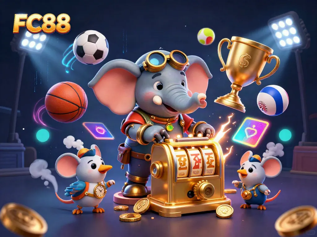 Experience the dynamic thrills of FC88 with a steampunk elephant engineer at a golden slot machine amidst exciting sports elements.