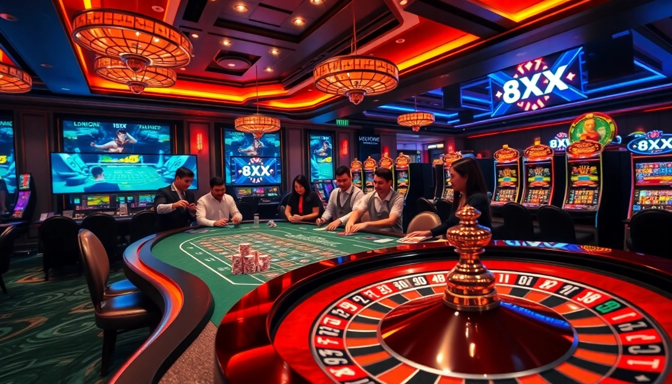 Engaging atmosphere featuring the 8XX casino experience with vibrant tables and spinning roulette.