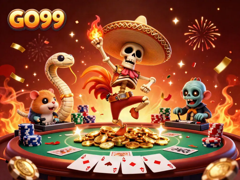 GO99 celebrates winning moments with a vibrant 3D illustration featuring a mariachi rooster, snake, and DJ.