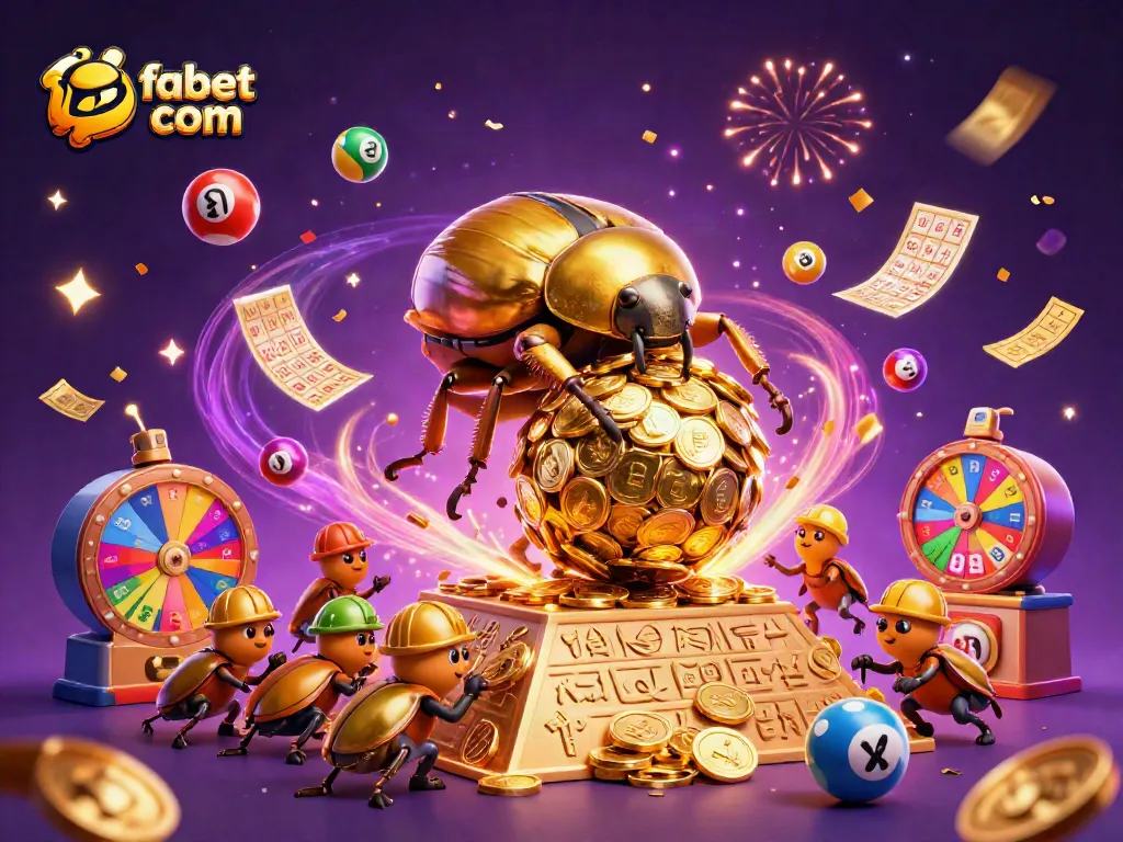 Experience fabet com's thrilling dynamics with golden beetles rolling coins amidst festive lottery elements.