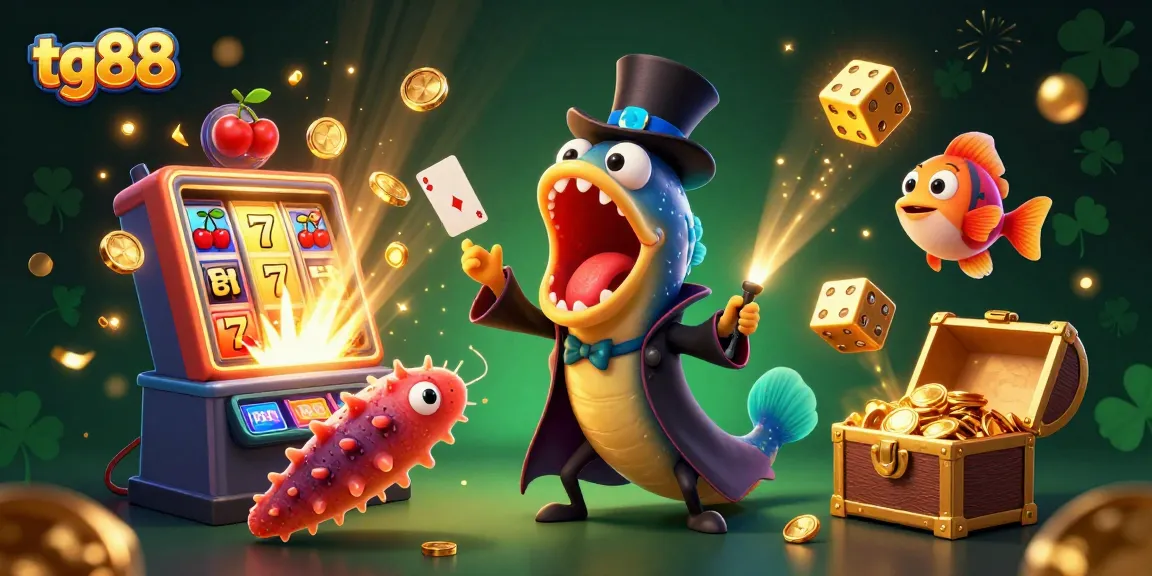 tg88 casino gaming scene with cartoon characters performing tricks and dramatic jackpot elements