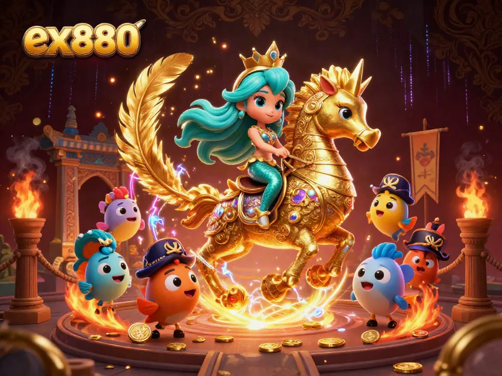 Experience exciting gaming thrills with ex880, featuring vibrant 3D illustrations of a mermaid and seahorse in a dynamic, colorful scene.